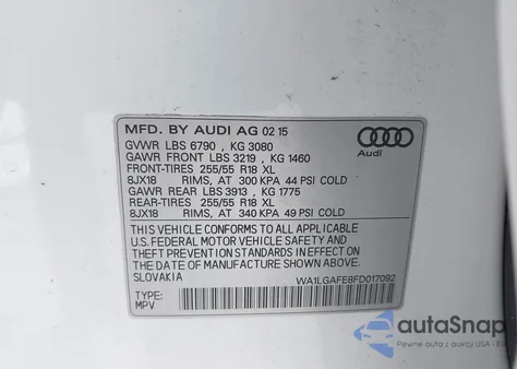 2015 Audi Q7 3.0T Premium z USA, uszkodzony, nr VIN WA1LGAFE8FD017092